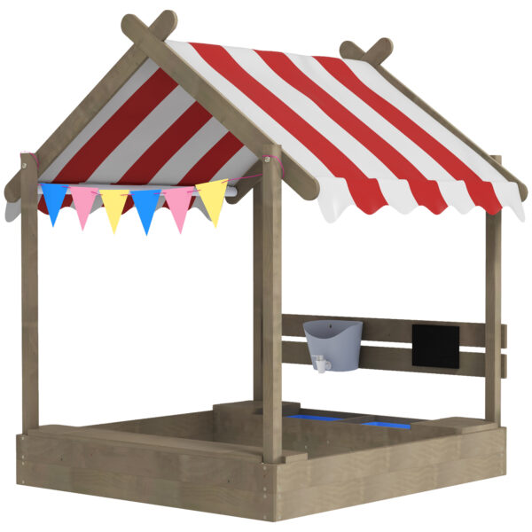 Outsunny Zandbak met Zonbescherming, Speelhuis-Design, met Speelgoed-Set, Behandeld Massief Hout, 124 x 116 x 146 cm, Grijs