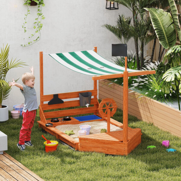 Outsunny Zandbak met Zonnedak Piratenschip, incl. Keukenspeelset voor Kinderen, Massief Hout, 180 x 103 x 144,5 cm, Oranje