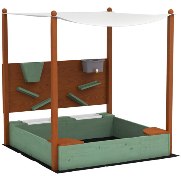 AIYAPLAY Zandbak met Zonnedak voor Kinderen, met 2 Opslagcompartimenten, 116L x 112,5B x 128H cm, Dennenhout, Kunststof, Groen